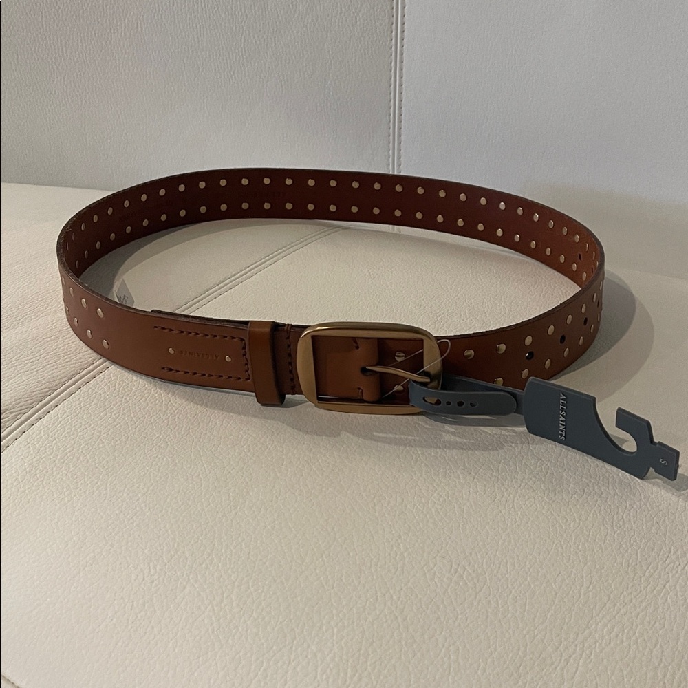 AllSaints Tan Leather Belt with Gold Buckle